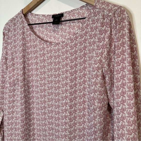 Ann Taylor Long-sleeve Mauve Pink Cream Bird Print Flowy Blouse Size Medium - Picture 9 of 9